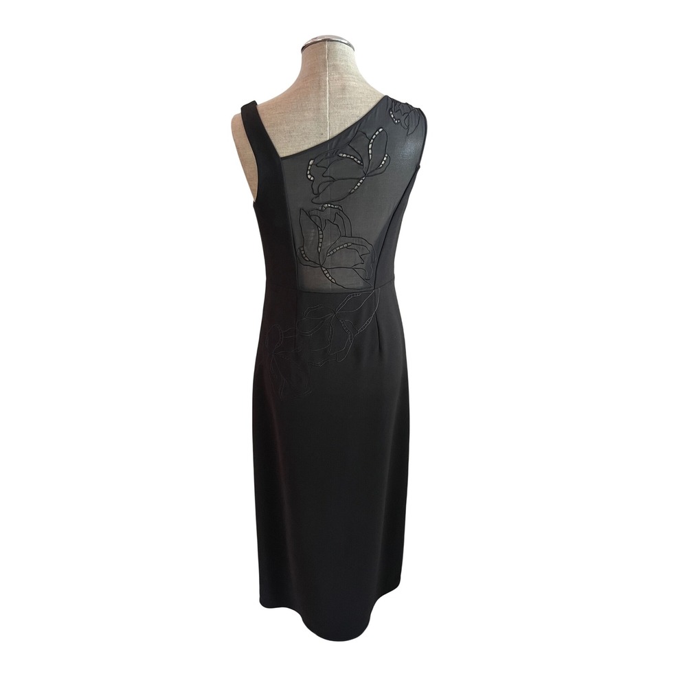 Halston Heritage Black Maxi Gown Asymmetric Neck Sheer Embroidered Back Size 4